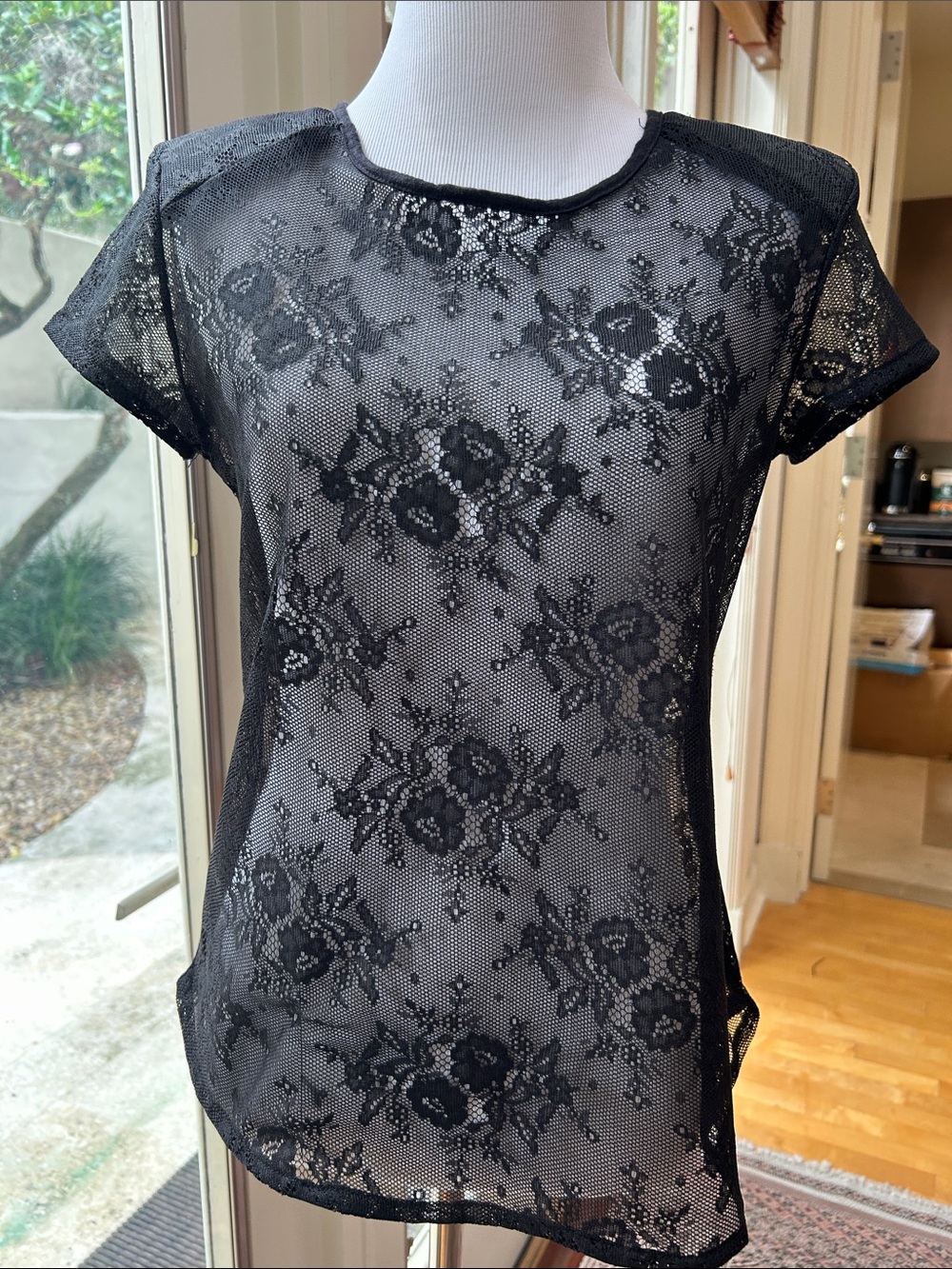 Sheer Black Lace Short Sleeve Camisole - Feminine Layering Top
